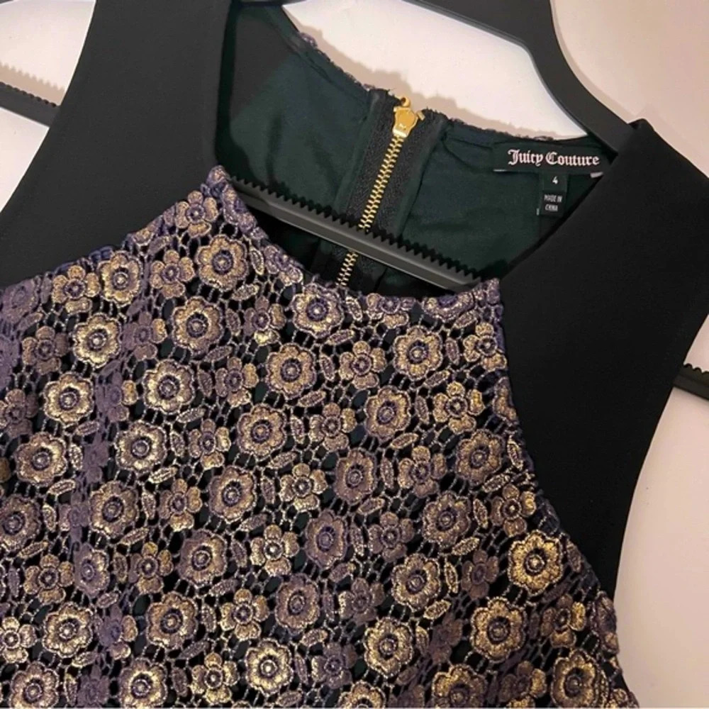 Juicy Couture Gold Overlay Embroidered Black Dress Size 4 - Picture 11 of 12
